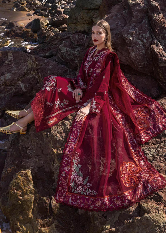 CRIMSON LAWN UNSTITCH EMB 3PC PARSI THREADS (D5-B)
